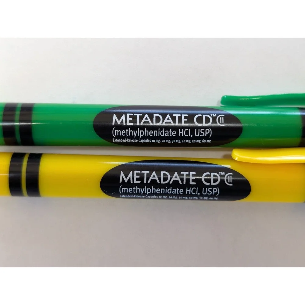 RARE Metadate CD CII Pharmaceutical Drug Rep Pen ADHD Green Yellow Crayon Click